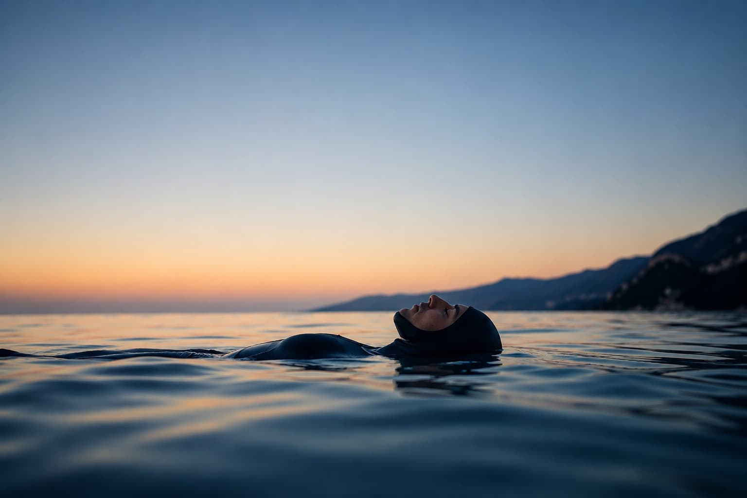 A person floating on calm seawater at sunset